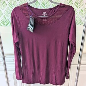 Denis Tricot Long Sleeve Sheer Neckline Small Purple Plum NWT Deep